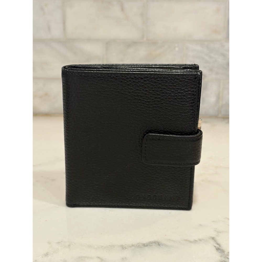 Longchamp Le Foulonne Black Pebbled Leather Bifold Kiss Lock Wallet - Picture 2 of 14